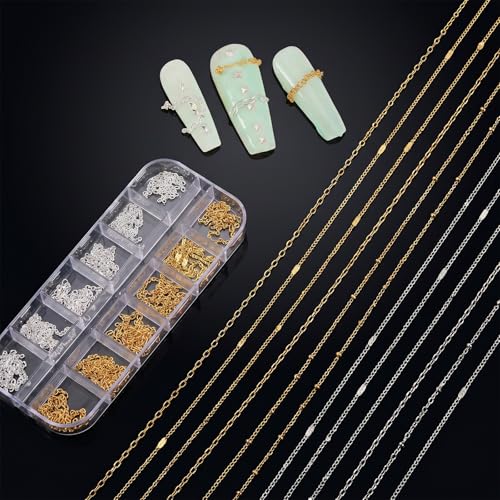 Macuezu Metal Nail Chains 12-Strip Set - 3D Gold & Silver Punk Charms
