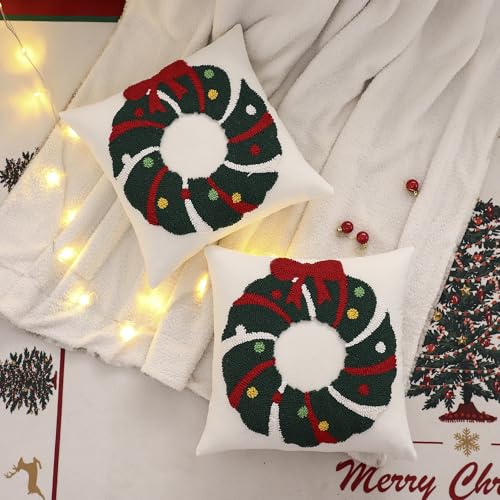 Christmas Throw Pillow Covers 18x18 Set of 2 - Garland with Bow Design