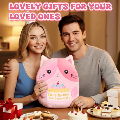 12 Inch Pink Cat Plush Pillow - Cute Stuffed Animal with Motivational Quote
