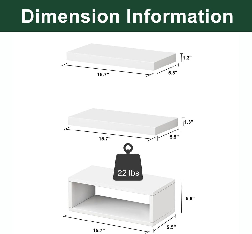 RANK Bathroom Shelves Over Toilet - Wall Mounted Floating Storage for Toilet Paper | Set of 3, 16 Inch, White