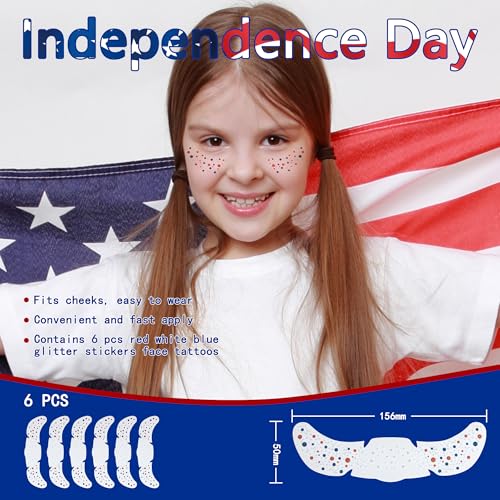 Patriotic Glitter Freckle Face Tattoos & Red White Blue Star Gems 6 Sheets