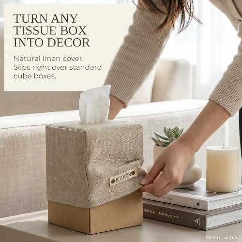 KIBAGA Beige Linen Square Tissue Box Cover - Decorative Facial Tissue Holder