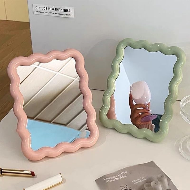 Green Wavy Irregular Desk Makeup Mirror with Adjustable Bracket