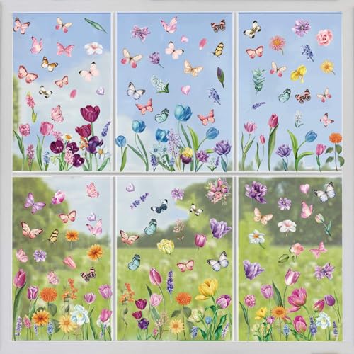 i-Beeboo Spring Flower Window Clings Removable Floral Decals for Home