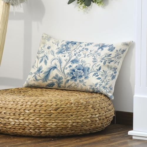20x12 Inch Chinoiserie Floral Throw Pillow Cover - Blue Cushion Case for Sofa Couch Farmhouse