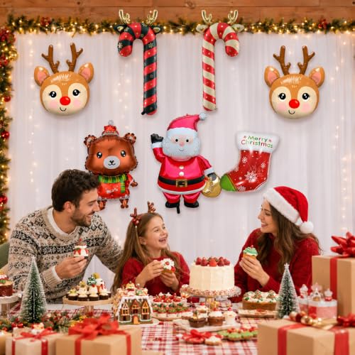 7 Pcs Christmas Foil Balloons Set - Santa Reindeer Bear Candy Cane Xmas Decorations