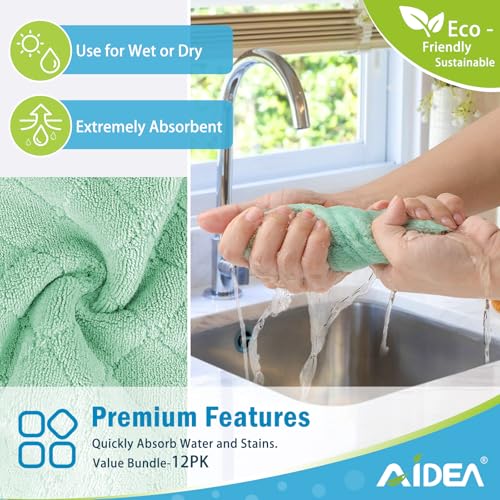 AIDEA Coral Fleece Kitchen Dishcloths, 6.3"x10.4", Green/Grey - 12 Pack