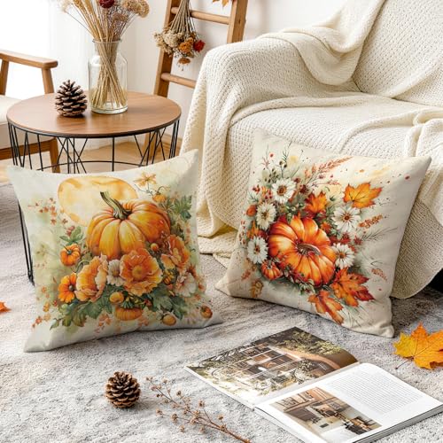 Fall Pillow Covers Set of 4 - 18x18 Inch Pumpkin & Leaves Design