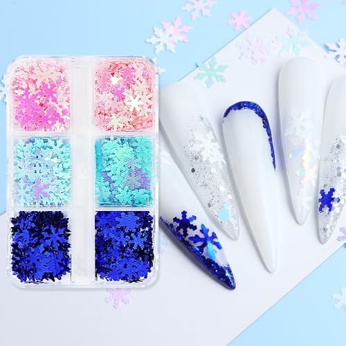 OHWODA Snowflake Nail Glitters 6-Grid Holographic Sequins