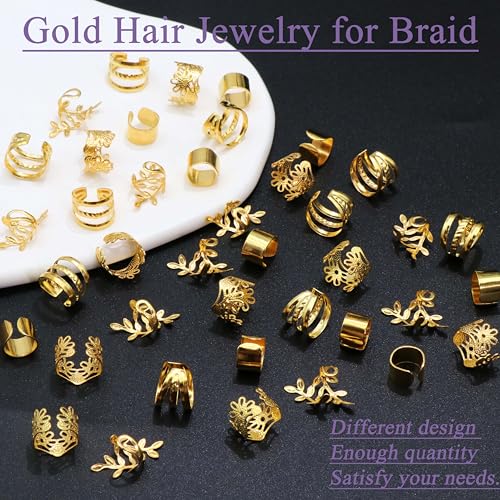 VENOFEN 40PCS Gold Hair Jewelry for Braids Multi Style Cuffs Rings