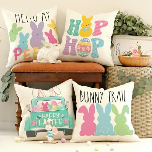 GEEORY Easter Pillow Covers 18x18, Set of 4 Farmhouse Spring Throw Pillows