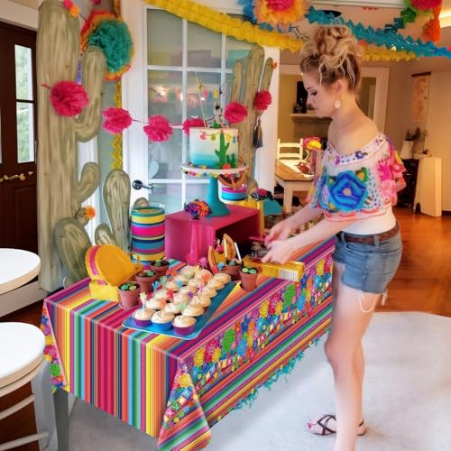 Mexican Fiesta Tablecloth Set 3Pcs 51x86in Colorful Striped Party Cover