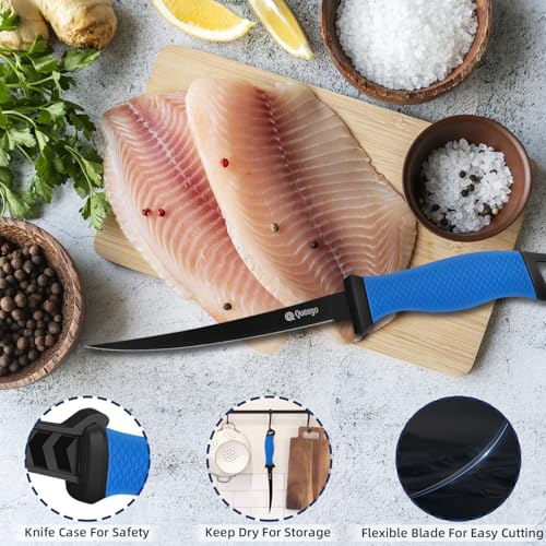 Queego 7-Inch Professional Fish Fillet Knife with Sharpener & Nylon Sheath