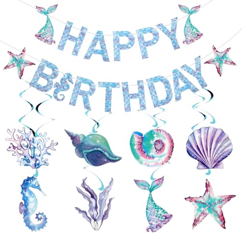 Mermaid Birthday Decorations Set with Banner & Hanging Swirls