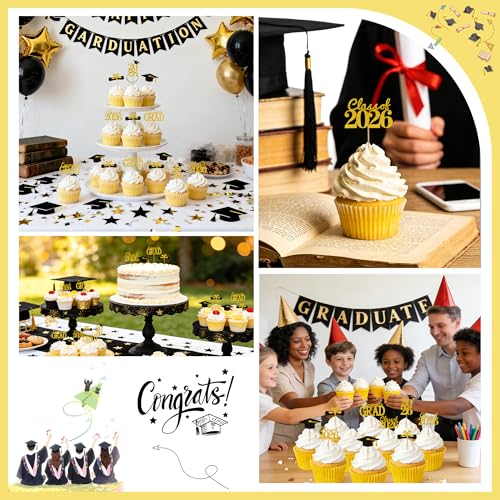 2026 Graduation Cupcake Toppers - 25 Black & Gold Picks