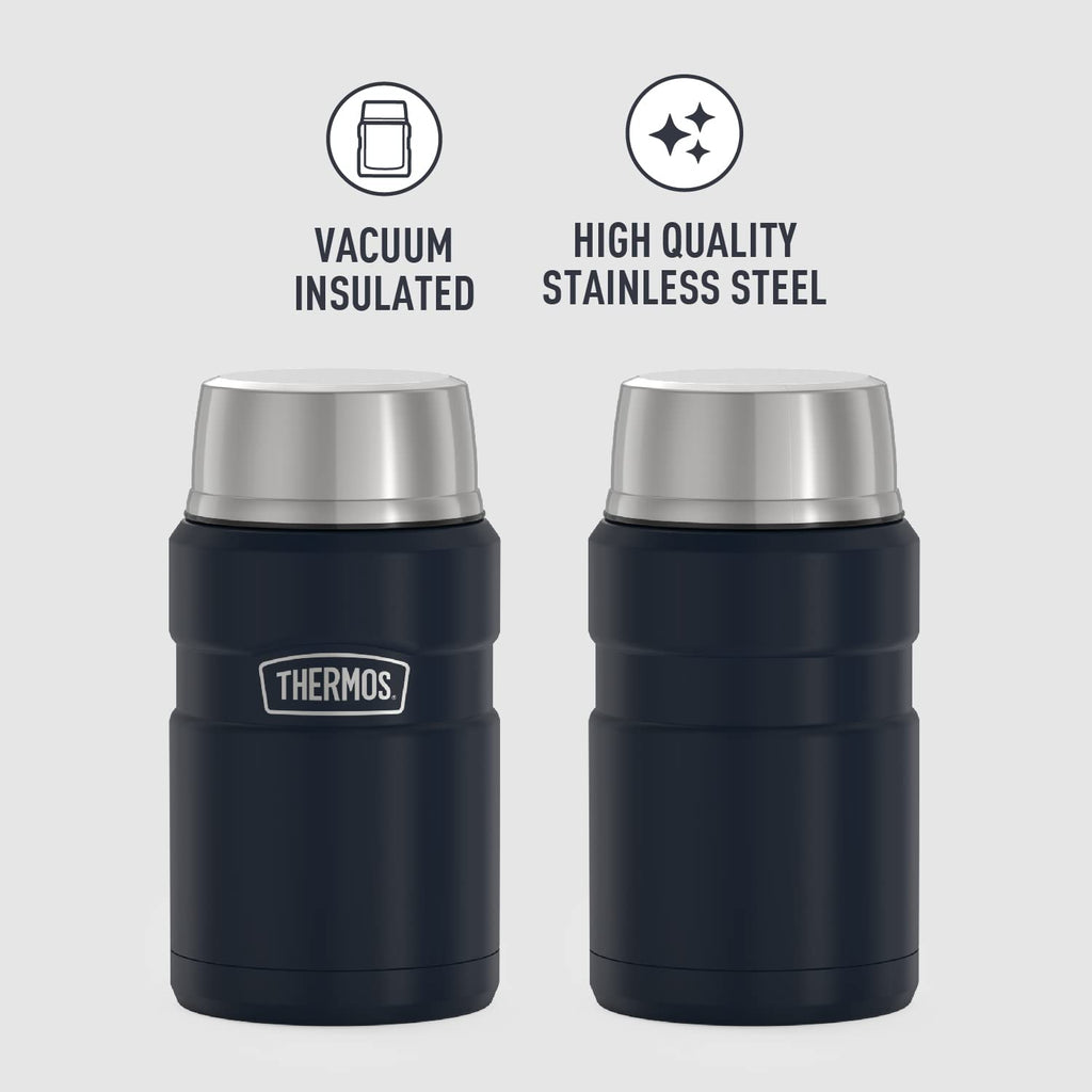 THERMOS Stainless King Vacuum-Insulated Beverage Bottle, 40 Ounce, Matte Steel & Stainless King Vacuum-Insulated Food Jar, 24 Ounce, Midnight Blue