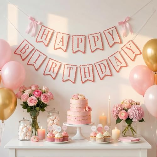 Pink Birthday Banner with Satin Bows & Scalloped Edges - Reusable Party Decor