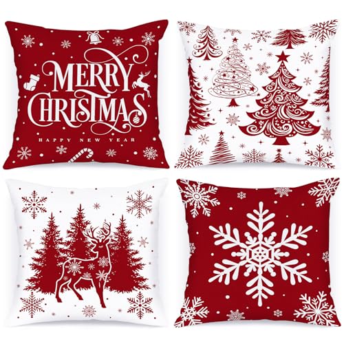 Christmas Pillow Covers Set of 4 - 24x24 Red Holiday Cushion Covers - Festive Decor