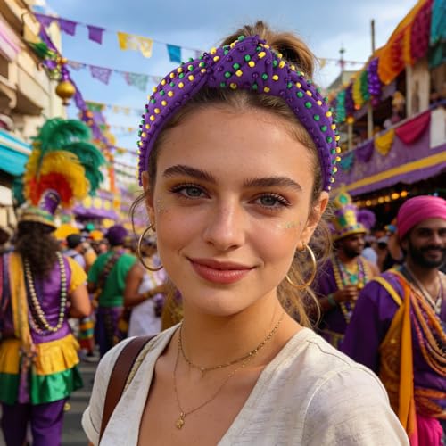 Mardi Gras Beaded Knotted Wide Headband - Purple Green Yellow Festival Hair Accessory