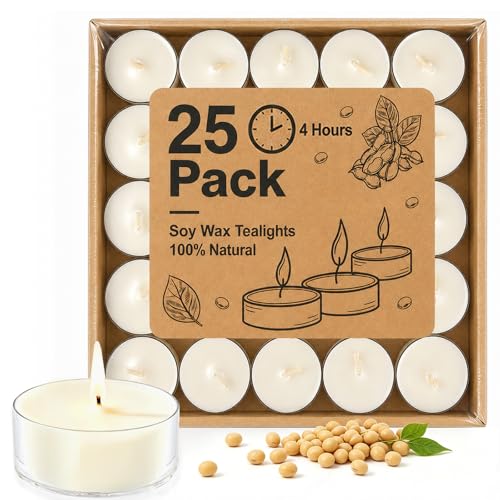 DILILILI 25 Pack Soy Wax Tea Light Candles, 4-Hour Unscented Votive Candles