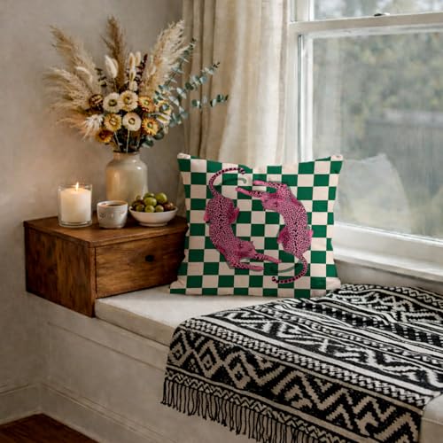 White-Leopard Trendy 18x18 Pillow Cover - Pink Leopard Checkered Decor
