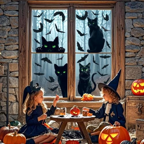 Halloween Window Clings - 4 Sheets Black Cat & Bat Stickers