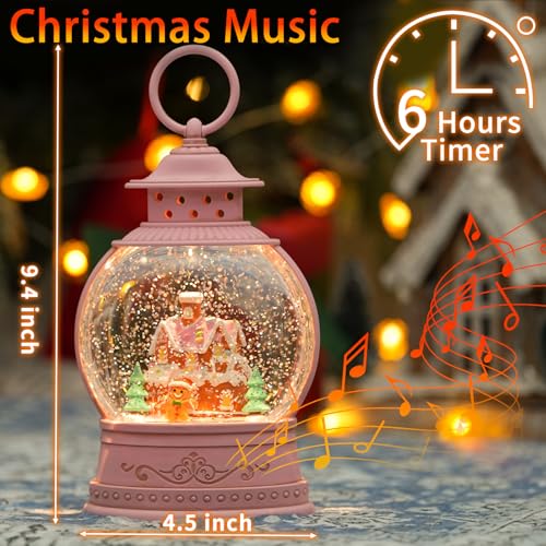 Pink Lantern Musical Snow Globe with Gingerbread House & Man - Christmas Decor - Ty- Gingerbread House