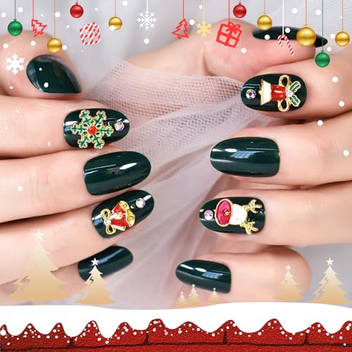 Christmas Deep Green Press on Nails 3D Rhinestone Oval Fake Nails