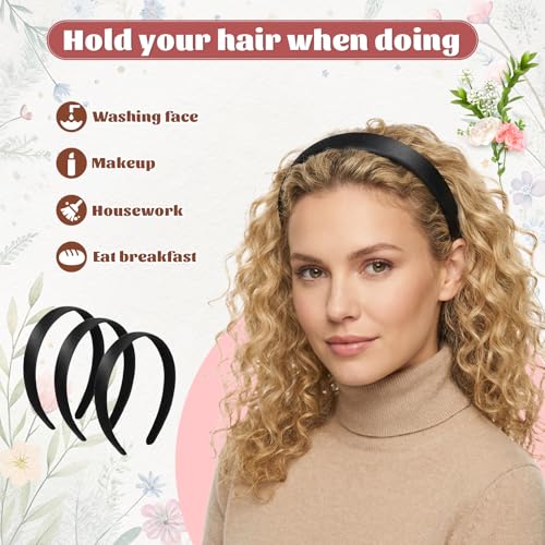 Tiesome 3-Pack Satin Black Headbands for Women 0.8 Inch Wide Non-Slip
