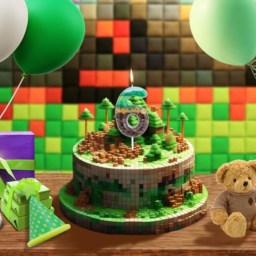 Green Pixel Birthday Cake Candle for Gaming Theme Parties