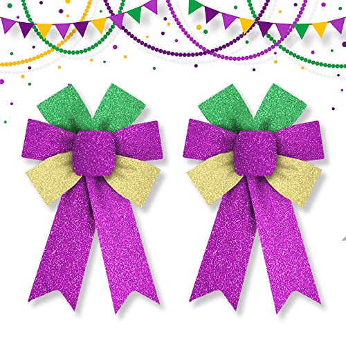 Hying 2 Pieces Mardi Gras Wreath Bows, Glitter Green Purple Gold Fat Tuesday Front Door Decor