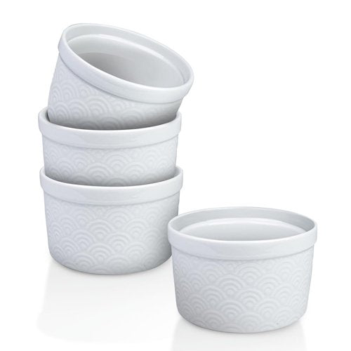 Maison Neuve 4pc Oven Safe Ramekin Set, 8 oz, White Embossed with Textured Design, Small Bowls, Ceramic Baking Dishes, Ideal for Soufflés, Dips, Sauces, and Desserts, Rainbow style Design