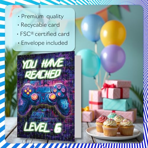 6th Birthday Card for Boys & Girls - Neon Video Gamer Design