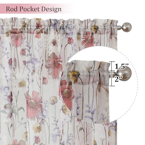 OVZME Crushed Floral Sheer Curtains - 2 Panels, 63 Inch Length