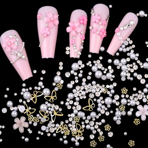 Cublive 3D Nail Charms Set with Butterflies, Pearls & AB Rhinestones