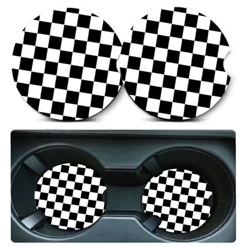 2 Pack Black and White Lattice Car Cup Holder Coasters - Non-Slip Neoprene Mats