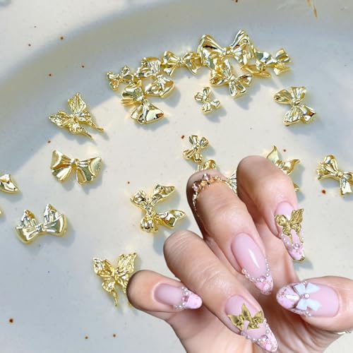 GUAACCB 3D Gold Metal Bow Nail Charms - Shiny Alloy Bowknot Gems for Nail Art