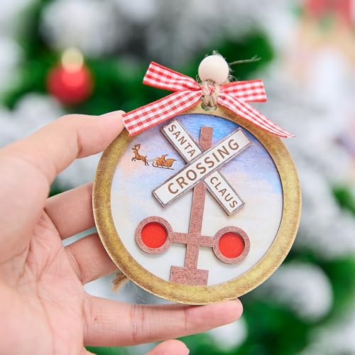 Santa Claus Crossing Sign Ornament - 4 Inch Wooden Holiday Decoration