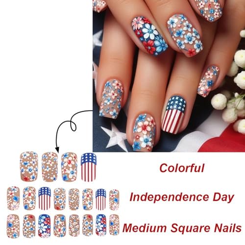 Blue White Flower Press on Nails Medium Square Acrylic False Nails