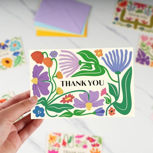 Flower Thank You Cards Bulk with Envelopes & Stickers - 24pcs Set