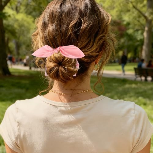 Esitrormi 3-Piece Pink Satin Hair Scrunchies with Bow and Ribbon