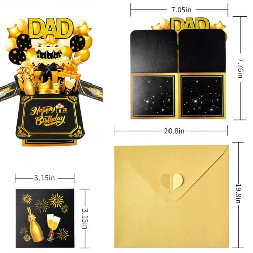 3D Pop Up Birthday Card for Dad - Black Gold Design with Envelope