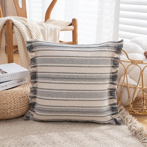 Beige and Grey Boho Decorative Throw Pillow Cover 18x18 - Modern Farmhouse Style