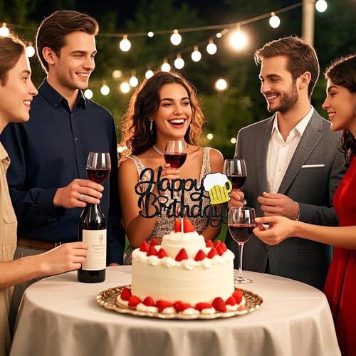 Beer Birthday Cake Topper - Black Glitter Decoration for Parties