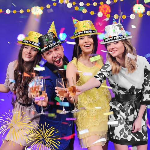 Black Gold Flashing Party Hats Set - Happy New Year, Christmas, Birthday, 3 Pack