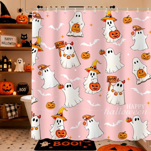 Pink Halloween Shower Curtain with Cute Ghosts - 72x72 Inches