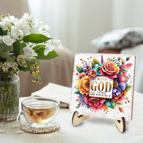 Inspirational Floral Wood Sign for Desk Decor - 5.1" Christian Gift
