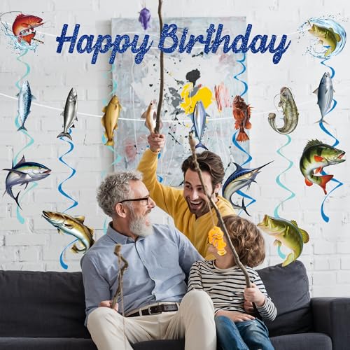 Fishing Themed Birthday Party Decoration Set - Banners and Hanging Swirls