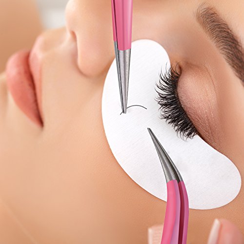 Hotop Eyelash Extension Tweezers Set - Straight and Curved Stainless Steel False Lash Application Tools with Storage Bag, Pink