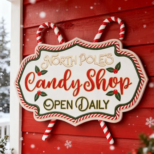 Christmas Metal Wall Sign Candy Shop Xmas Front Door Hanger Decor Holiday Indoor Outdoor 15.75x13.58 - Candy Shop Variation